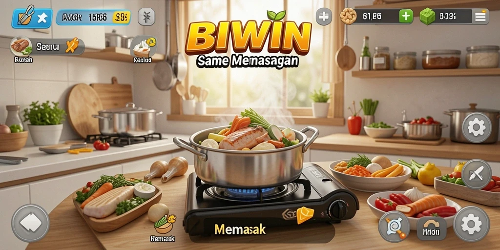 Screenshot antarmuka game BIWIN yang menampilkan berbagai hidangan yang bisa dimasak.