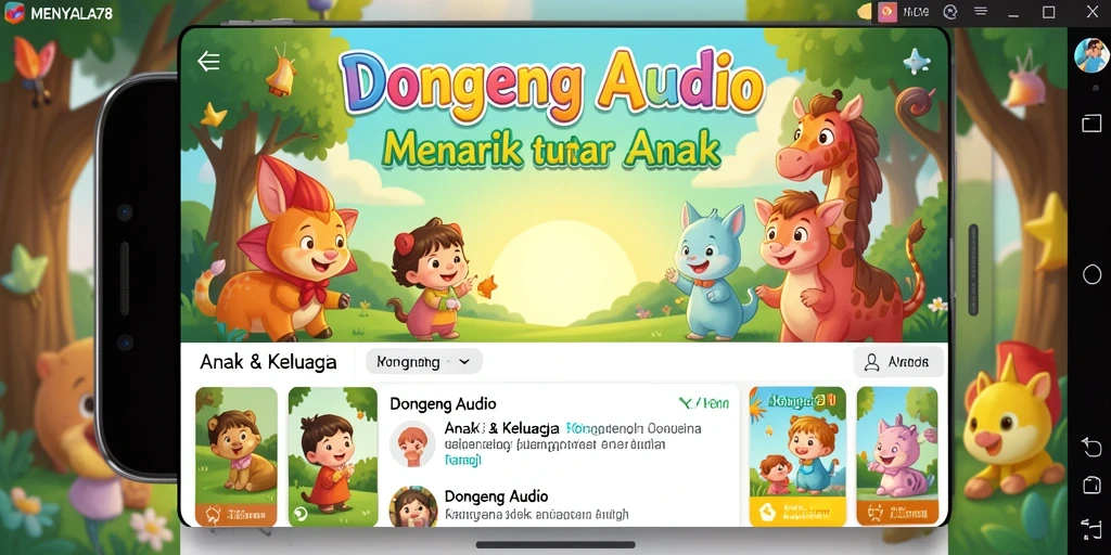 Tampilan antarmuka MENYALA78 yang ramah anak untuk mendengarkan dongeng.
