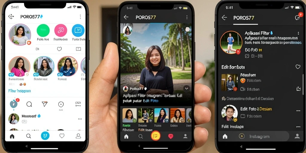 Tampilan antarmuka POROS77 dengan berbagai filter Instagram yang menarik.